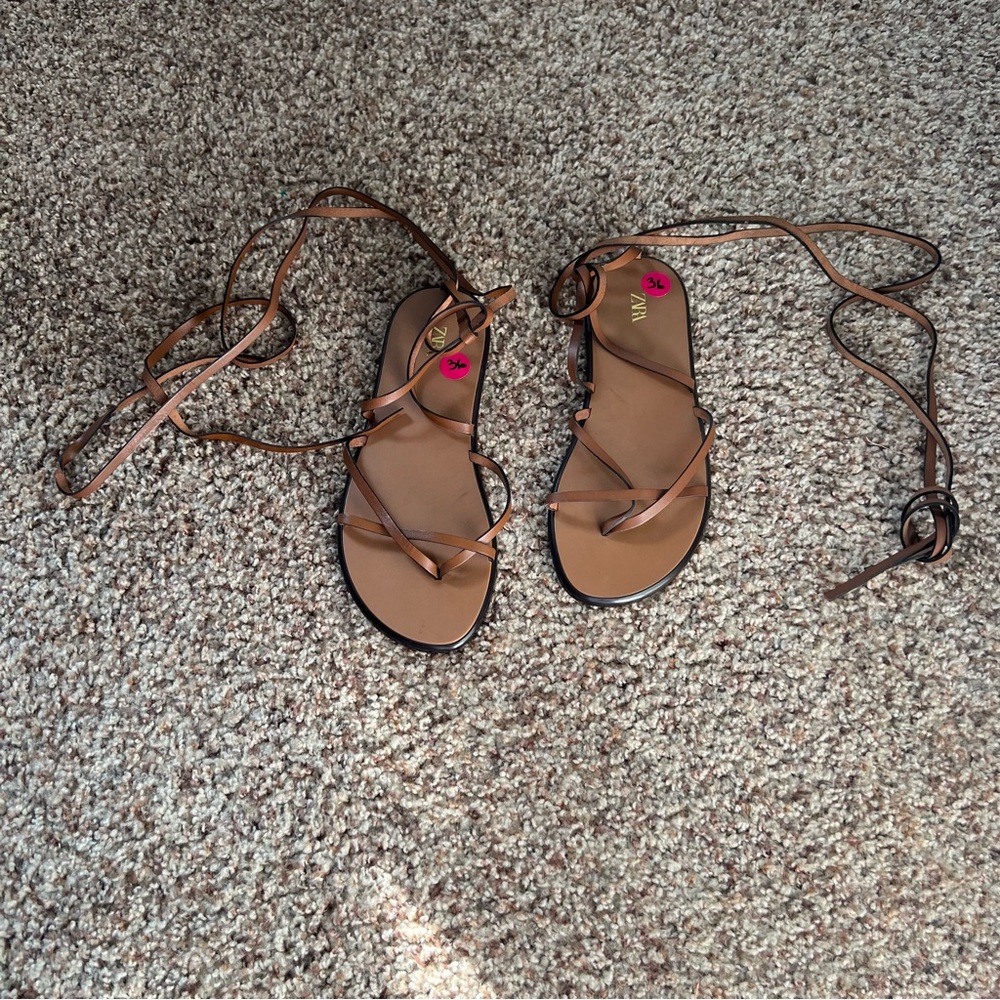 NWOT Zara Flat Leather Brown Lace up Tied Strap Gladiator Sandals Size 36